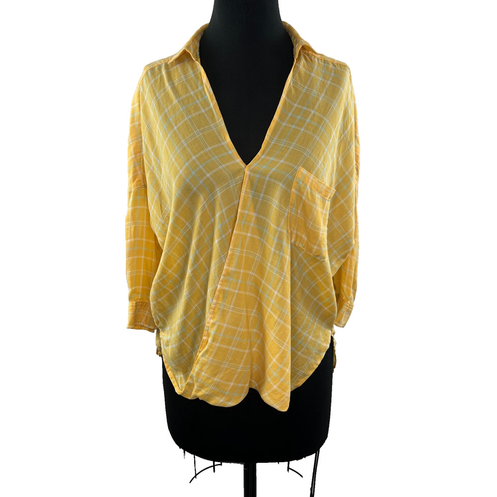 Anthropologie Holding Horses Yellow Plaid Drape Crossover Blouse Top 6 M